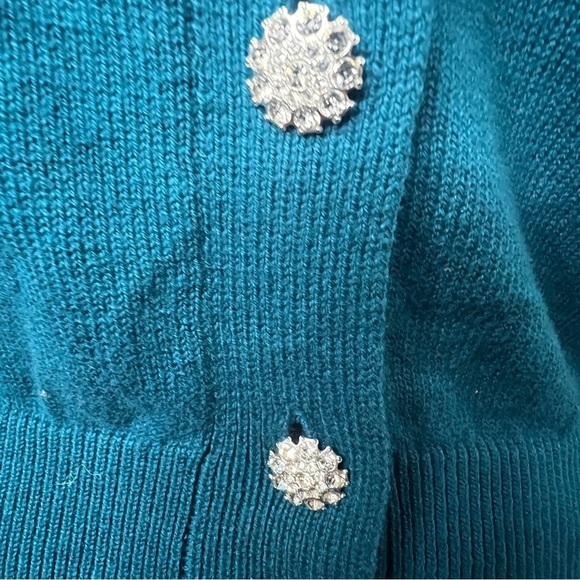 New Ryegrass teal cardigan sweater w/rhinestone buttons, a cashmere blend, S. - Picture 7 of 12